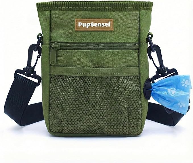 PupSensei Dog Treat Pouch for Training – Magnetic Dog Treat Bag with Belt Clip & Poop Bag Dispenser – Hands Free Carry Pouch with Auto-Close Access & Shoulder Strap – Durable Pet Gear – Army Green