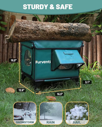Heated Cat House for Outdoor Cats, Waterproof Insulated Outdoor Cat House with Heating Pad, Weatherproof Elevated Heated Cats House for Outside Feral Cats(Deep Green, 16" L x 12" W x 18" H)