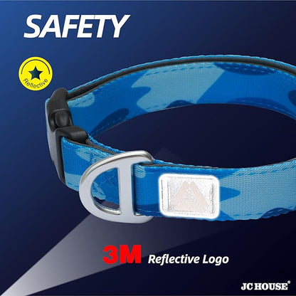 Soft Padded Dog Collar, Neck 16’’-25’’, Adjustable Heavy Duty Collar with 3M Reflective Logo for Medium, Large Dogs, Camo Blue, L
