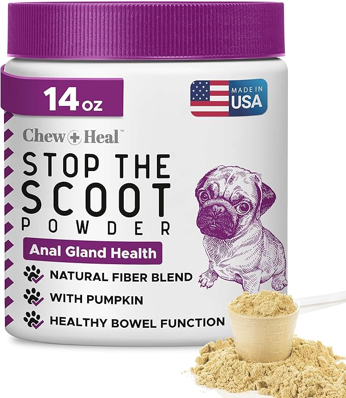 Chew + Heal Labs Glands Bowel Support - 14 oz of Stop The Scoot Powder for Scooting, Healthy Anal Glands, and Digestive Health - Made with Pumpkin Powder for Dogs