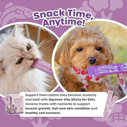 Choolip Squeeze Vita Stick Lickable Cat and Dog Treats, 49-Count Skin and Coat Variety Pack, Salmon and Pollack with Omega-3, Biotin and Vitamin E