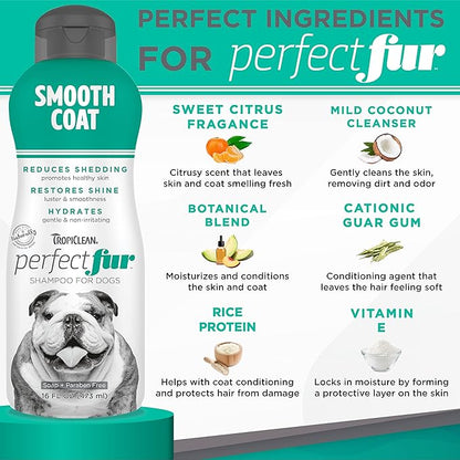 TropiClean Perfect Fur Deshedding Dog Shampoo for Breeds with Smooth Coats like Boxers, Bulldogs, Pointers, and Greyhounds, Natural Moisturizing Shampoo for Dry Flaky Skin, Puppy Safe, 16oz.