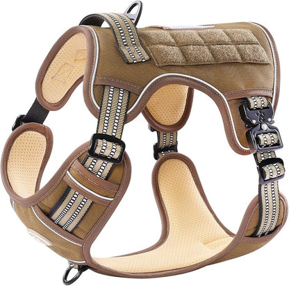 PawsPassion No Pull Dog Harness for Medium Large Dog, Heavy Duty Tactical Adjustable Pet Harness, Voyager Service Walking Vest Harness with Easy Control Handle Reflective Strip (Sandstone, L)