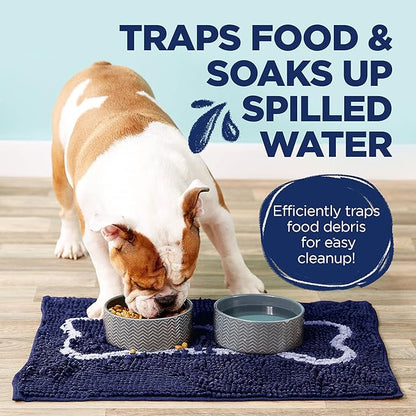Soggy Doggy Slopmat - Navy Blue/Oatmeal Bone - 18” x 24″ - Water Absorbing Door Mat for Muddy Paws and Food/Water Bowls - Microfiber Chenille Small Doormat - Machine Washable