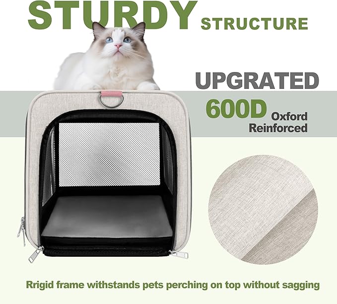 GAPZER Cat Carrier American Airline Approved 18x11x11, Top Opening Sturdy Soft Pet Carrying Bag See Through, Mini Dog Hard Bottom Crate Kennel Case, 4-Side-Ventilation Mesh Cage Toy Poodle Biege