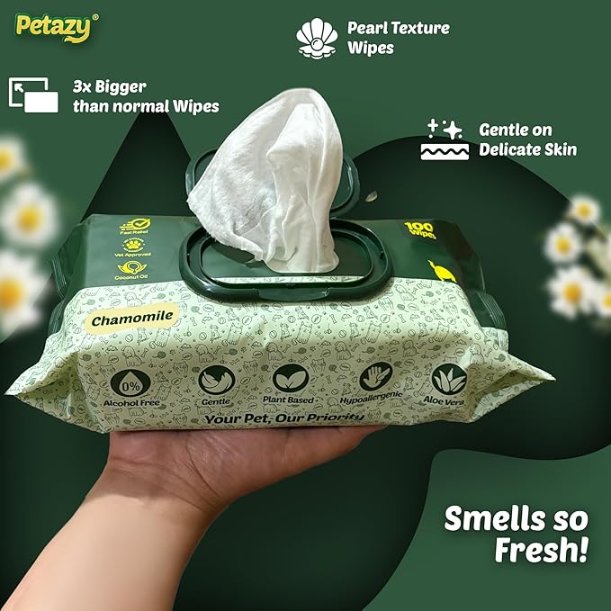 Petazy Dog Wipes for Paws and Butt Ears Eyes | XL 8x8 Natural Pet Wipes for Dogs | Hypoallergenic Chamomile Scented Dog Wipes Cleaning Deodorizing | Extra Thick Wipes Dogs Cats Pets | 100 Count
