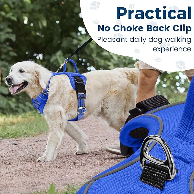 Funfox Dog Harness Medium No Pull, Adjustable 2 Clips Anti-Pull Vest with Practical Handle, Breathable Padded Pet Harness Designed for Small/Large Breeds, Reflective Training Walking Blue M