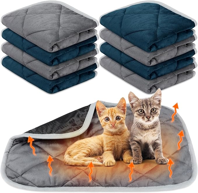 Clysee 8 Pack Self Heating Cat Mat Self Warming Cat Bed Extra Warm Thermal Pet Bed Mat Reflects Body Heat Washable Dog Crate Pad for Indoor Outdoor Pets(Gray, Blue,16 x 20 Inch)