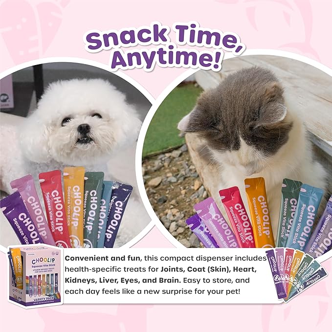 Choolip Squeeze Vita Stick Lickable Cat and Dog Treats – 49-Count Variety Pack – Real Meat Puree with Multivitamins for Total Pet Wellness – Grain-Free, High-Moisture, Vet-Formulated