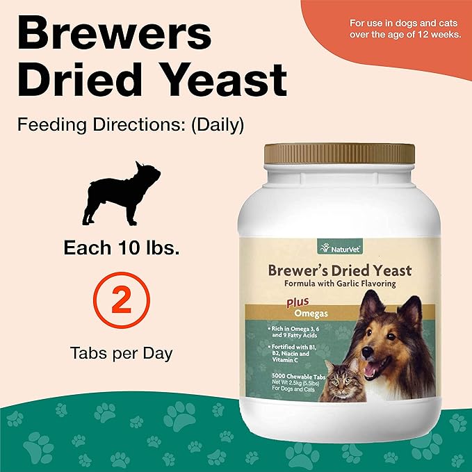 NaturVet – Brewer’s Dried Yeast Formula with Garlic Flavoring – Plus Omegas | Rich in Omega-3, 6 & 9 Fatty Acids | Fortified with B1, B2, Niacin & Vitamin C | For Dogs & Cats | 5000 Chewable Tablets