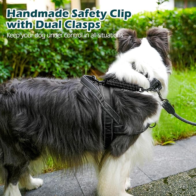 PetBonus Dog Collar Safety Clip, Handmade Backup Safety Strap for Dog Harness, Prong, Pinch Collar, Double Ended Clasp Leash Connector (Black)