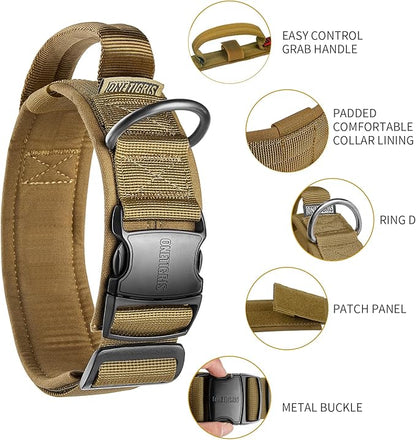 OneTigris Tough Dog Collars, Tactical Dog Collar with Handle, Milltary Adjustable Dog Collar with Heavy Duty Metal Buckle for Training (Large (Pack of 1), Brown)