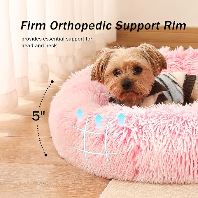 NOYAL Calming Donut Dog Bed for Small to Medium Dogs & Cats - Plush Faux Fur Anti-Anxiety Pet Bed with Machine Washable Cover & Non-Slip Base