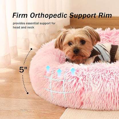 NOYAL Calming Donut Dog Bed for Small to Medium Dogs & Cats - Plush Faux Fur Anti-Anxiety Pet Bed with Machine Washable Cover & Non-Slip Base