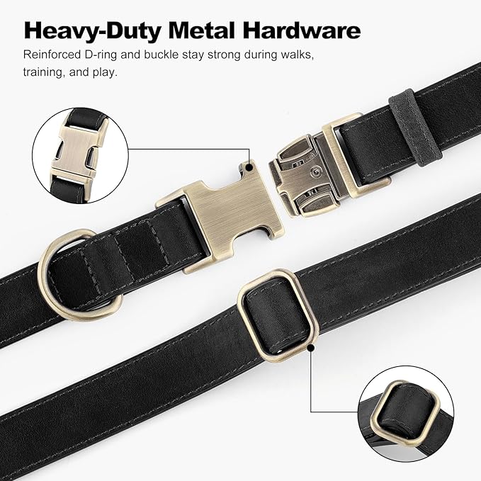 Plutus Pet Genuine Leather Dog Collar – Adjustable Pet Collar with Quick Release Metal Buckle, Soft Real Leather for Small Medium Large Dogs, Heavy Duty & Skin-Friendly (Black, L)