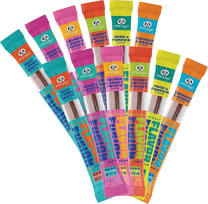 etta says! Flavor Fusion Natural Dog Chews, Variety Pack - Made in The USA - Delicious, Rawhide-Free Treats for Dogs - Supports Dental Hygiene - Contains 6 Flavors - 12 Pack