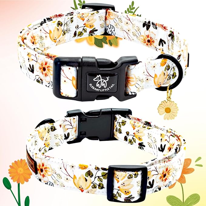 Elegant little tail Dog Collar,Flower Pattern Pet Collar Cute Durable Spring Female or Male Adjustable Cotton Pet Collar with Quick Release Buckle for X-Small Puppy