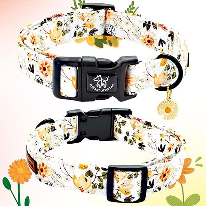 Elegant little tail Dog Collar,Flower Pattern Pet Collar Cute Durable Spring Female or Male Adjustable Cotton Pet Collar with Quick Release Buckle for Medium Dogs