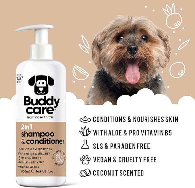 2in1 Dog Shampoo and Conditioner (16.90oz) | Coconut Scented Dog Shampoo Sensitive Skin | Hypoallergenic Itch Relief for Smelly Dogs | Essential Dog Grooming Supplies