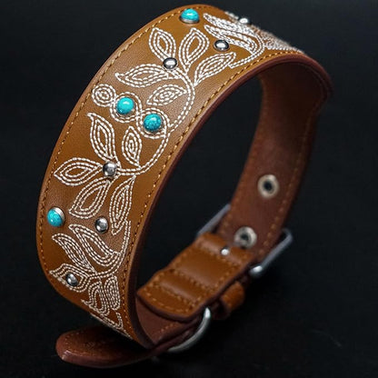 Blueberry Pet Genuine Leather Dog Collar - Western-Inspired Brown Leather Dog Collar for Large Dogs with Floral Embroidery & Turquoise Studs, 18-22 Inch Adjustable & Durable for City Pet Owners