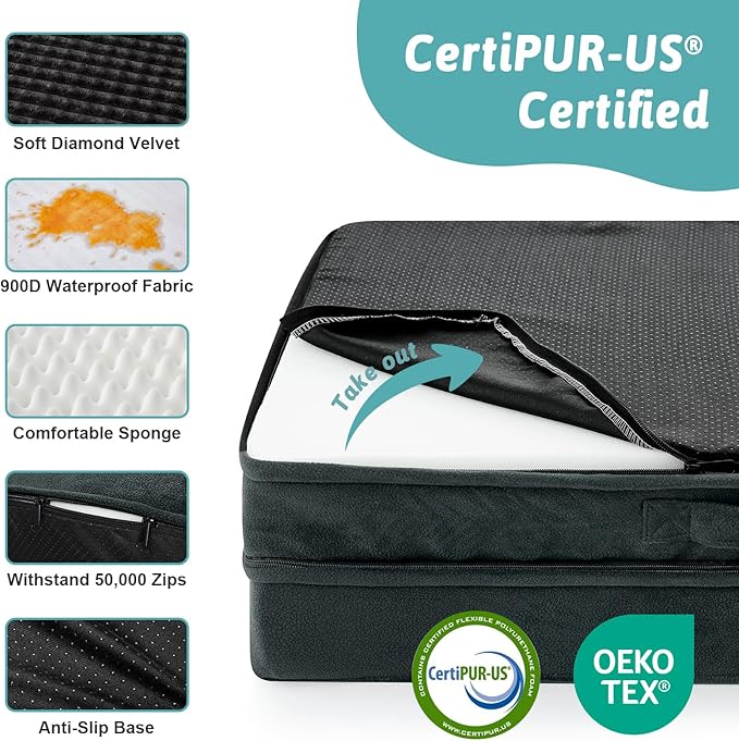 COZY KISS Orthopedic Dog Bed for Large Size Dog, XL Dogs Crate Bed, L Shaped Foam Anti-Slip Bottom Pet Cat Sofa with Washable Removable Cover, Suitable for Pet Up to 100 lbs, 44x32x7 inch, Black