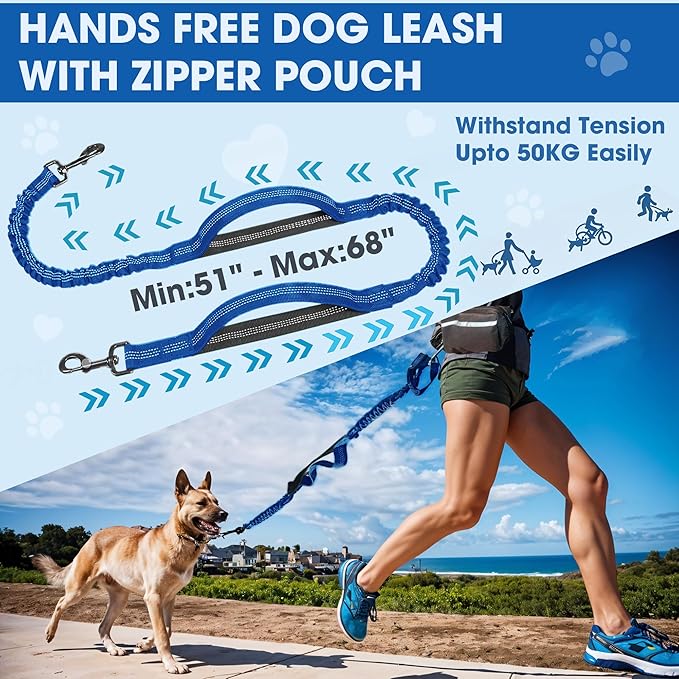 Hands Free Dog Leash with Waist Belt – No-Pull Bungee, Dual Padded Handles & Zipper Pouch for Running, Walking & Training – Adjustable Waist Leash for Large & Medium Dogs (Dark Blue)