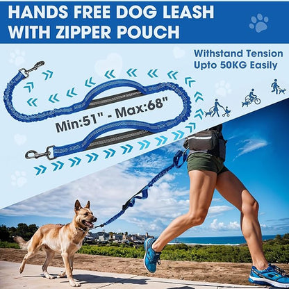 Hands Free Dog Leash with Waist Belt – No-Pull Bungee, Dual Padded Handles & Zipper Pouch for Running, Walking & Training – Adjustable Waist Leash for Large & Medium Dogs (Dark Blue)