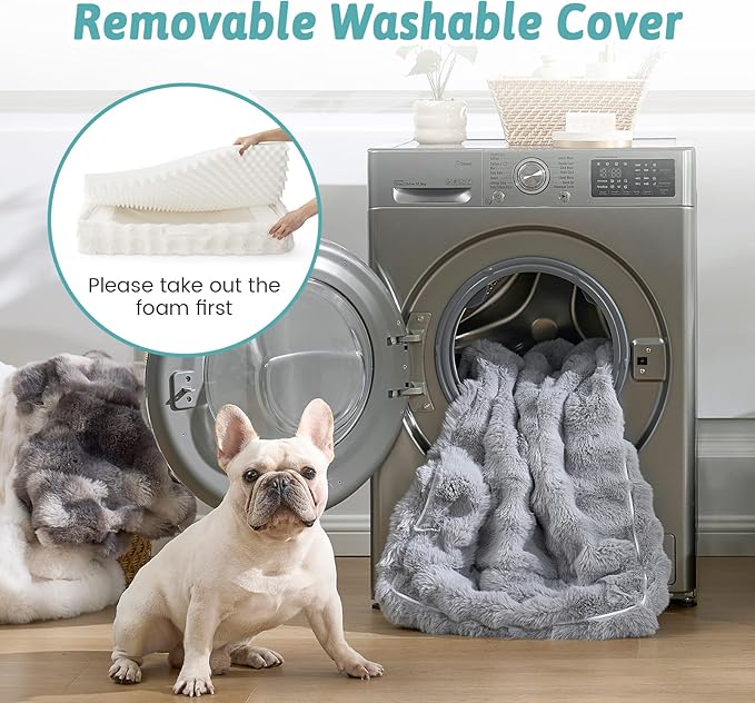 COZY KISS Orthopedic Dog Bed for Medium Small Size Dog, Soft and Warm Faux Fur Sofa for Pet Up to 40 lbs, Foam Bolster Anti-Slip Couch with Washable Removable Cover, M 30x20x6.5 inch, Beige