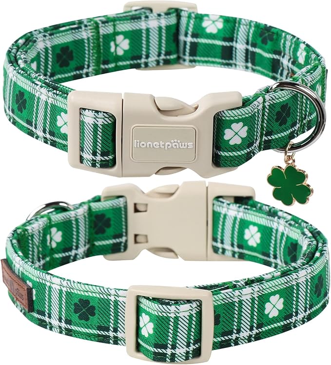 Lionet Paws St. Patrick Dog Collar, Comfortable Adjustable Green Collar with Green Clover Pattern for Large Male Female Dogs Collars,Neck 16-24 inches