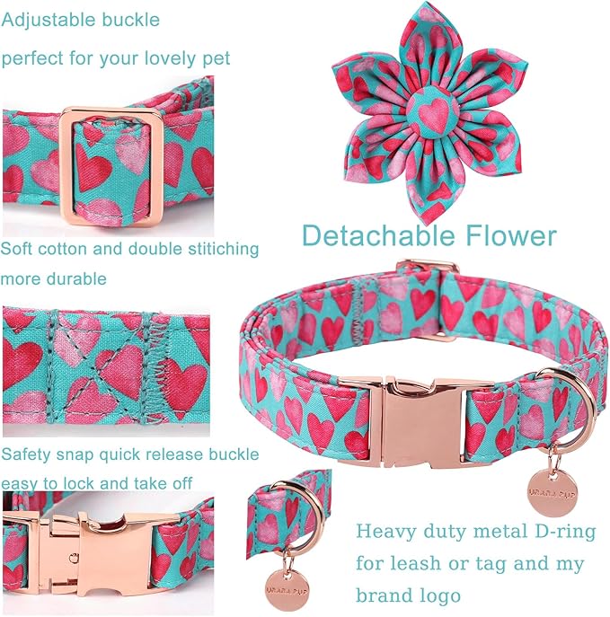 UP URARA PUP Valentine Dog Collar with Flower, Heart Flower Collar for Puppy Girl Boy Dog or Cat, Comfortable Dog Collar Flower with Durable Metal Buckle, Cute Pet Collar, XS, Neck 8-12in