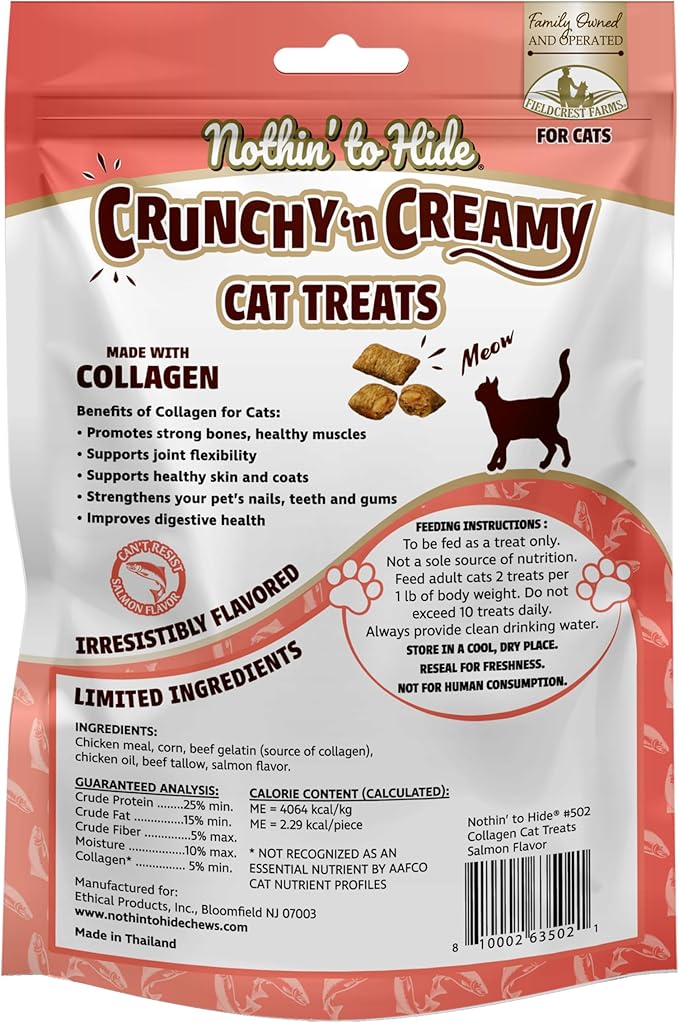 Fieldcrest Farms Nothin’ to Hide Collagen Cat Treats – Crunchy & Creamy Cat Snacks, High-Protein Healthy Treats for Skin, Coat & Joint Support, Salmon Flavor, 3 oz. Bag (Pack of 4)