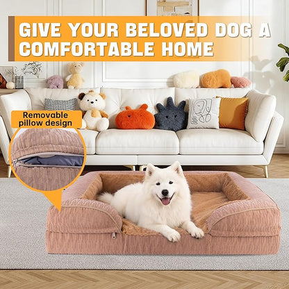 Orthopedic Dog Bed for Extra Large Dogs, 42x30 Inch Waterproof Egg Crate Memory Foam Dogs Bed with Detachable Top, Dog Couch with Zipper Washable Cover, Nonslip Bottom for Living Room, Brown