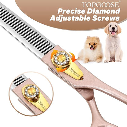 TOPGOOSE Professional Thinning Scissors for Dog Cat 7.5'' Pet Grooming Scissors 440C Stainless Steel Thinning Shears for Dogs 56 Teeth (Rose Gold, Thinner)