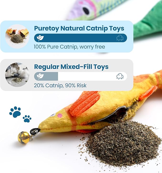 PURETOY Catnip Toys, [12000mg] Extra Large Toys for Indoor Cats with Removable Bell, 100% Natural North American Catnip Floppy Fish Cat, Crinkle Sound & Soft Cotton-Free Surface