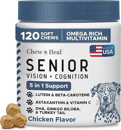 Chew + Heal Labs Senior Dog Vision and Cognition Chews - 120 Soft Chews for Dog Eye Care and Memory - 7-in-1 Multivitamin with Omega Fatty Acids, Vitamins, and Botanicals - Made in The USA