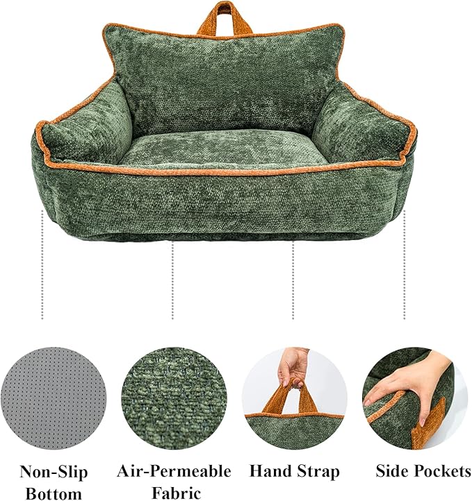RAFASAFA Large Orthopedic Dog Sofa Bed with Sides, Carry Handle & Side Pockets .Plush Chenille Orthopedic Pet Bed Couch for Large Dogs.Portable Snuggler for Indoor Use, Travel & Recovery (Green)
