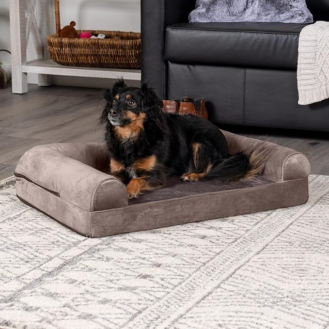 Furhaven Orthopedic Dog Bed for Medium/Small Dogs w/ Removable Bolsters & Washable Cover, For Dogs Up to 35 lbs - Faux Fur & Velvet Sofa - Driftwood Brown, Medium