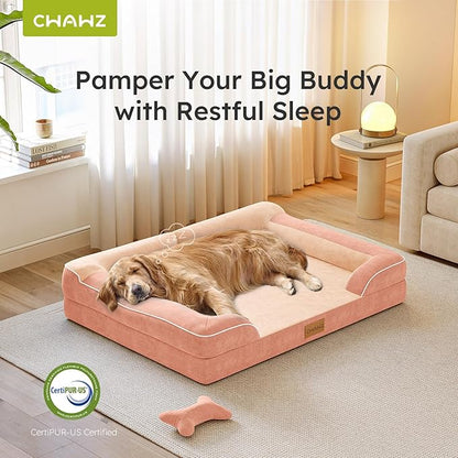 CWAWZ XXL Dog Bed for Extra Large Dogs, Giant Orthopedic Dog Bed with Cooling Gel Memory Foam, Waterproof Pet Bed with Removable Washable Cover, 53" Pet Sofa bed Dutch Velvet with Bone Toy, Peach Pink