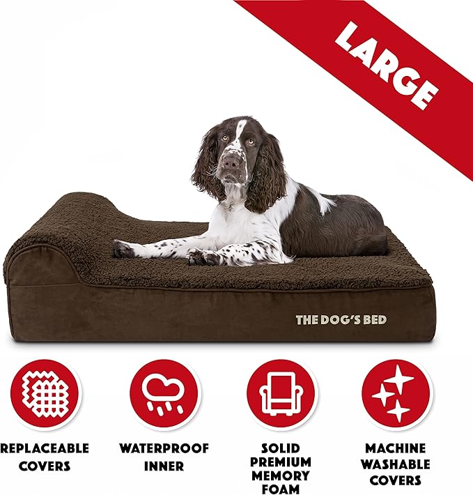 The Dog’s Bed Orthopedic Headrest Dog Bed Large Brown Plush, Memory Foam, Pain Relief for Arthritis, Hip & Elbow Dysplasia, Post Surgery, Lameness, Waterproof Washable Cover, Veterinary Approved