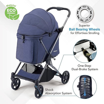 ibiyaya Maxi Deep Carriage Pet Stroller for Cats and Small Dogs – Flat-Free Rubber Wheels, One-Hand Fold, Extra-Tall Cabin (Royal Blue)
