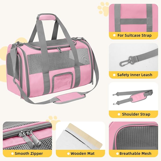 Seclato Soft Side Cat Carrier Airline Approved for Puppy Kitten Dog Carriers for Small Medium Cats Under 15lb, Collapsible TSA Approved Travel Pet Carrier, Pink with Grey