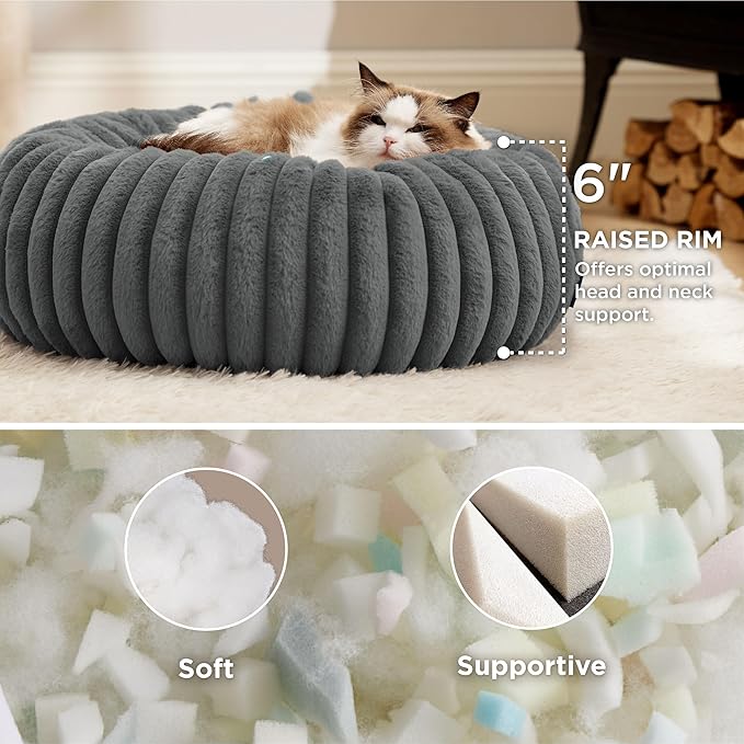 Bedsure ComfyFleece Cat beds for Indoor Cats - Donut Dog Beds for Small Dogs with Corduroy Fleece & Anti Slip Bottom, Faux Fur Pet Beds with Washable Removable Cover, Warm Grey, 20x20x6 inches