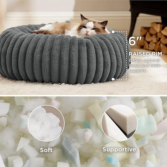 Bedsure ComfyFleece Cat beds for Indoor Cats - Donut Dog Beds for Small Dogs with Corduroy Fleece & Anti Slip Bottom, Faux Fur Pet Beds with Washable Removable Cover, Warm Grey, 20x20x6 inches