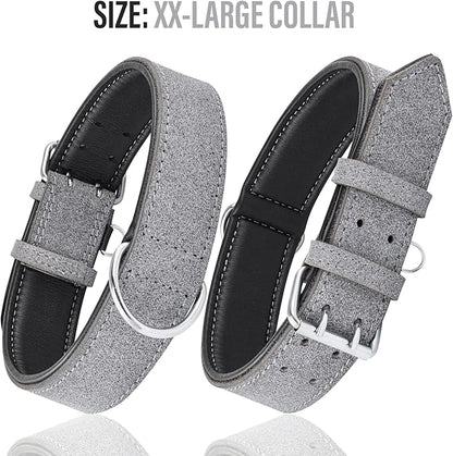 Riparo Genuine Leather Padded Dog Heavy Duty K-9 Adjustable Collar (XL: 1.75” Wide for 21”-25” Neck, Gray/White Thread)