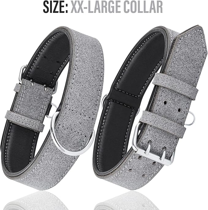 Riparo Adjustable Leather Dog Collar - Heavy Duty Wide Dog Collar for Small, Medium, Large and Extra Large Dogs with Dog Tag Holder (L: 1.5" Wide for 17"-21" Neck, Gray/White Thread)