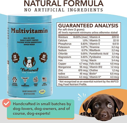 Natural Dog Company 25-in-1 Multivitamin for Dogs – Vet-Formulated Soft Chews for Puppies, Adults & Seniors, Supports Joints, Skin, Coat, Immune & Heart Health, NASC Certified, 180 Count