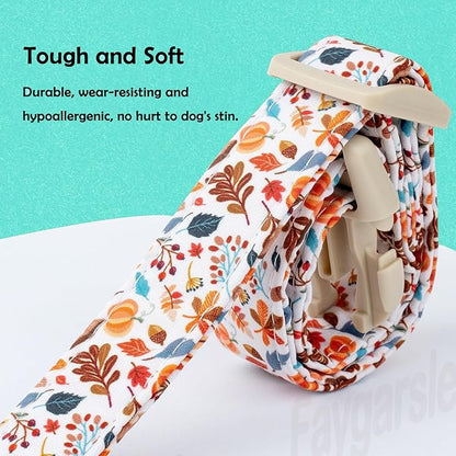 Faygarsle Fall Dog Collar, Autumn Floral Pattern with Maple Leaf Charm, White with Pumpkins and Leaves for Small Medium Large Dogs M