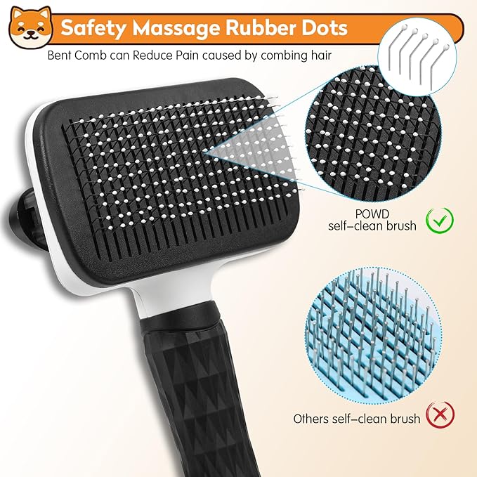 PWOD Dog & Cat Brush, Black Self Cleaning Slicker Brush for Pets, Upgraded Dog Brush for Shedding Massaging and Grooming, Removes Loose Undercoat & Portable Comb for Long Short Haired Dogs