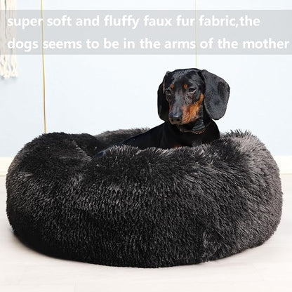 Calming Donut Dogs Beds for Small Dogs Washable,28inch Plush Round Pet Bed for Cozy Sleep,Fluffy Faux Fur Large Cat Bed,Fits up to 30 lbs Pets,Black