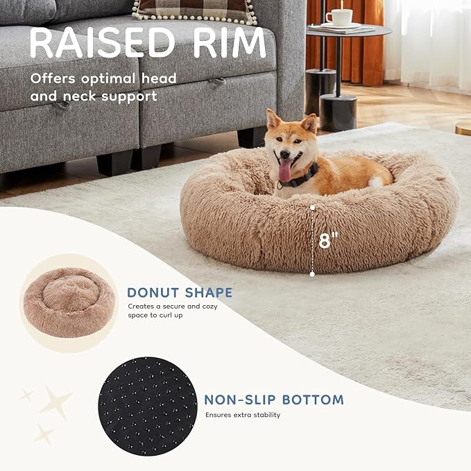 DUMOS 30.7x30.7 Inch Calming Donut Dog Beds for Large Dogs, Machine Washable Cuddler Warming Cozy Fluffy Faux Fur Plush Round Pet Bed, Anti-Slip Bed for Indoor Dogs and Cats, Brown